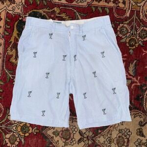 Castaway Nantucket Island Martini Embroidered Seersucker Shorts 33 Blue White